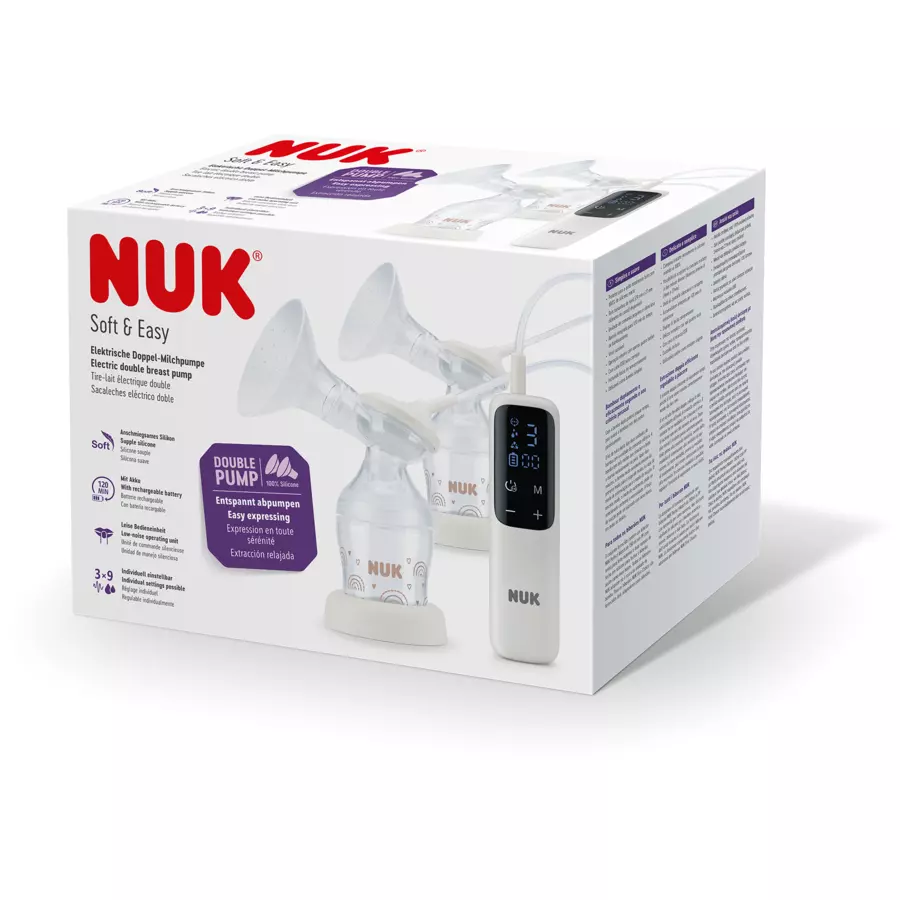 NUK elektrische Doppelmilchpumpe Soft & Easy mit Akku und weicgen Brustaufsätzen inkl. Babyflasche Perfect Match 150ml
