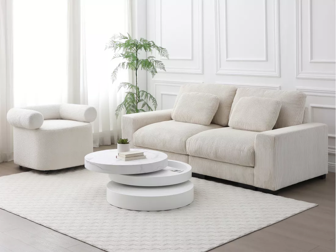 Table basse pivotante ronde avec 1 niche en MDF - Effet marbre blanc et blanc laqué - JANITA