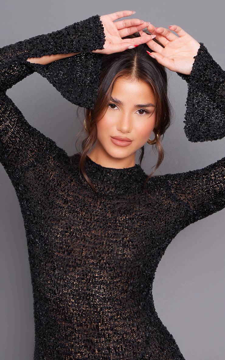 Noir Robe Mini À Manches Longues En Maille Bouclette