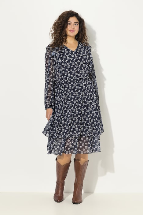 Kleid, doppellagig, V-Ausschnitt, Rüsche, Langarm