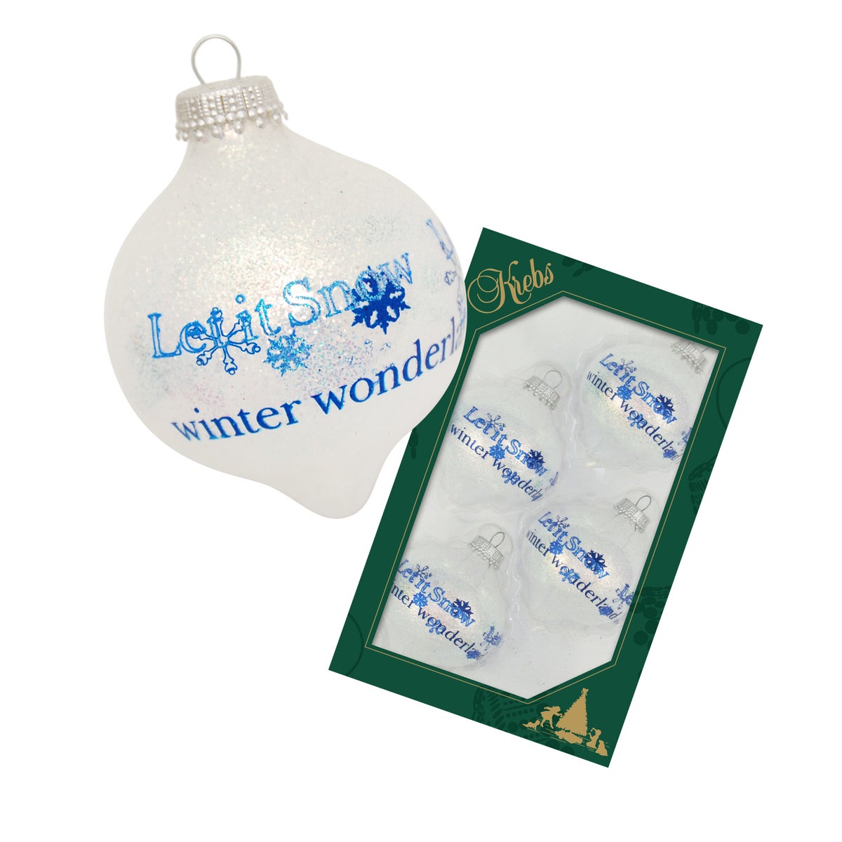 Sneeuwwit glitter lint van 8 cm met glazen druppeldecoratie en wintertekst (4 stuks), 4 stuks, kerstballen, kerstversieringen, kerstversieringen