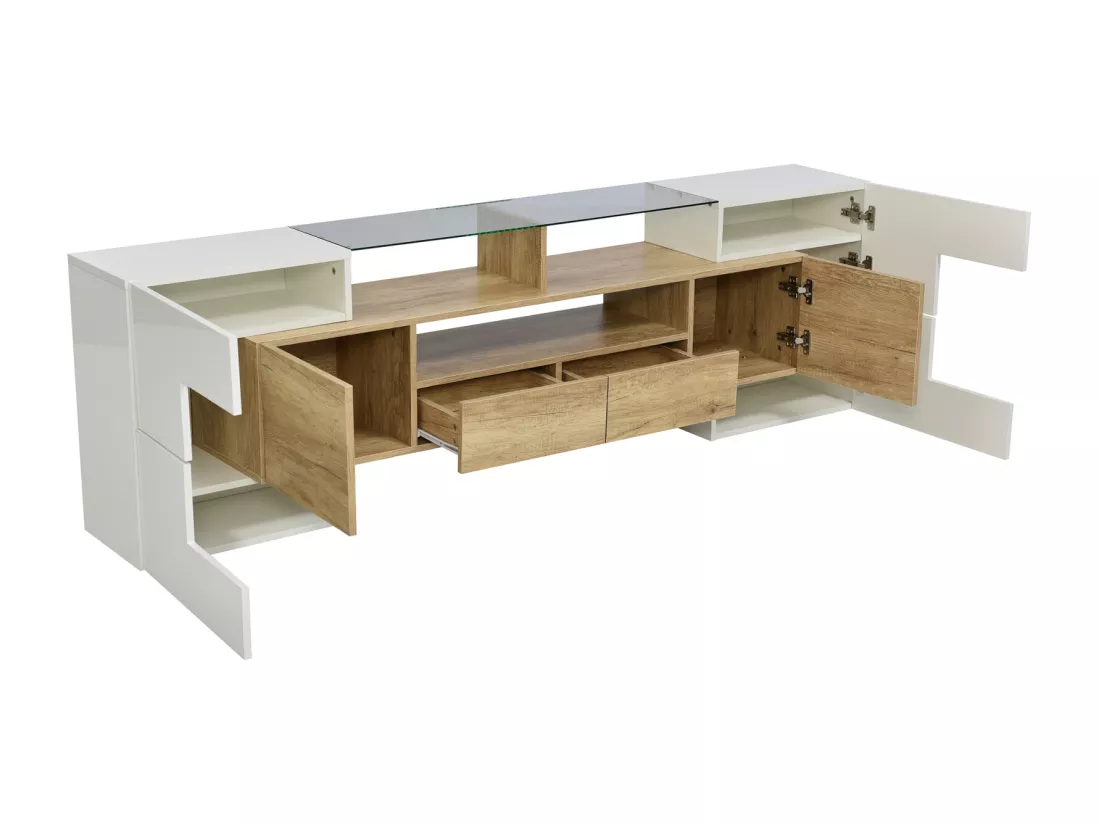 Meuble TV - 200x38x48cm LED brillant blanc et gris - finition verre - 6 portes de rangement 2 tiroirs 3 compartiments - coloris