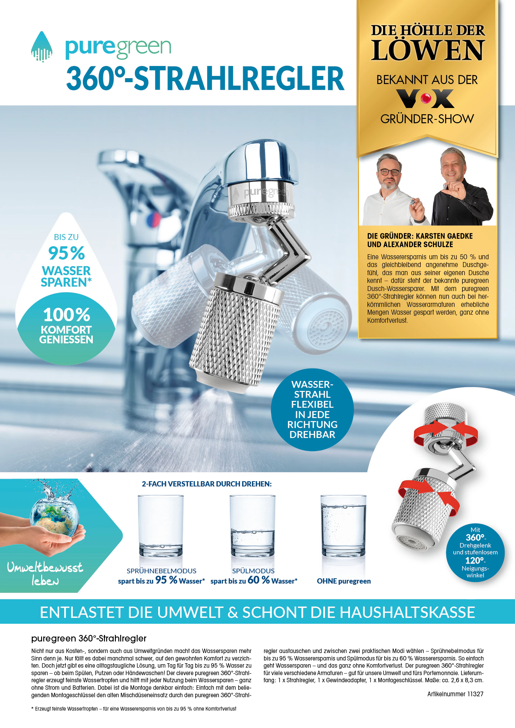 puregreen Strahlregler für Wasserarmaturen 2,4cm Edelstahl mit Gelenk