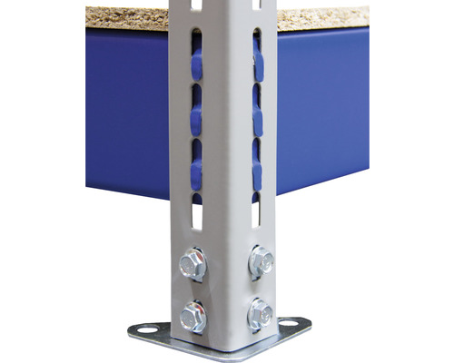 Robuuste industriële stellingkast, blauw/grijs gepoedercoat, 196x200x60 cm, 4 gedeelde houten legborden met metalen steunen en verstelbare metalen voeten, draagvermogen 1000 kg