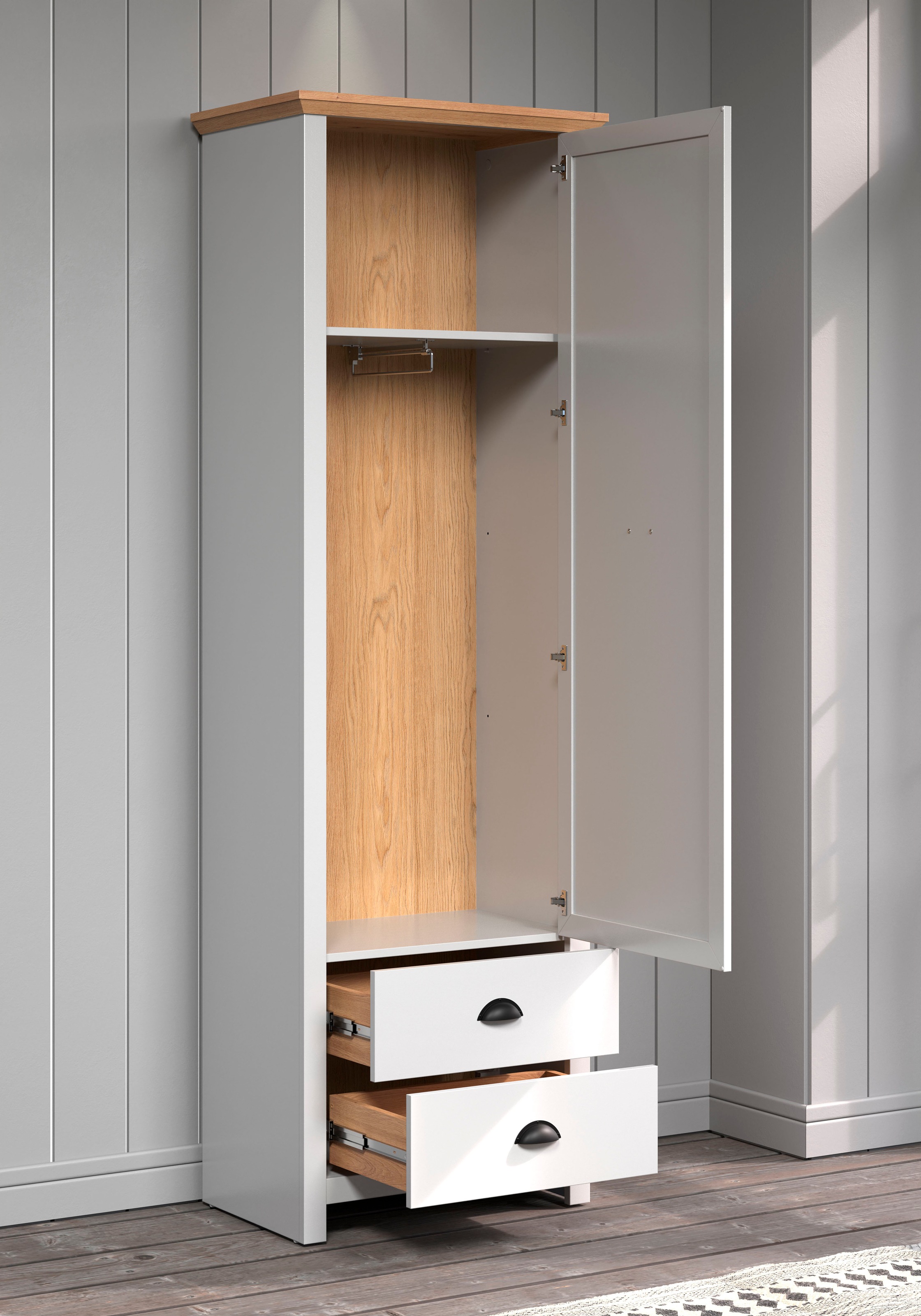 Home affaire Garderobenschrank »Herzwill« Kleiderschrank, grau, Eiche, Kleiderstange, B/H/T ca.: 65/201/41 cm
