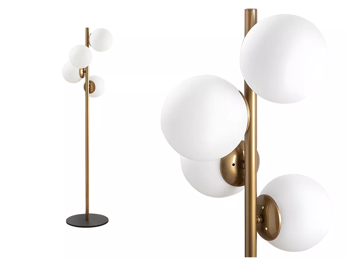Lampadaire en métal et verre 4 globes - H. 130 cm - Doré et blanc - FAZE
