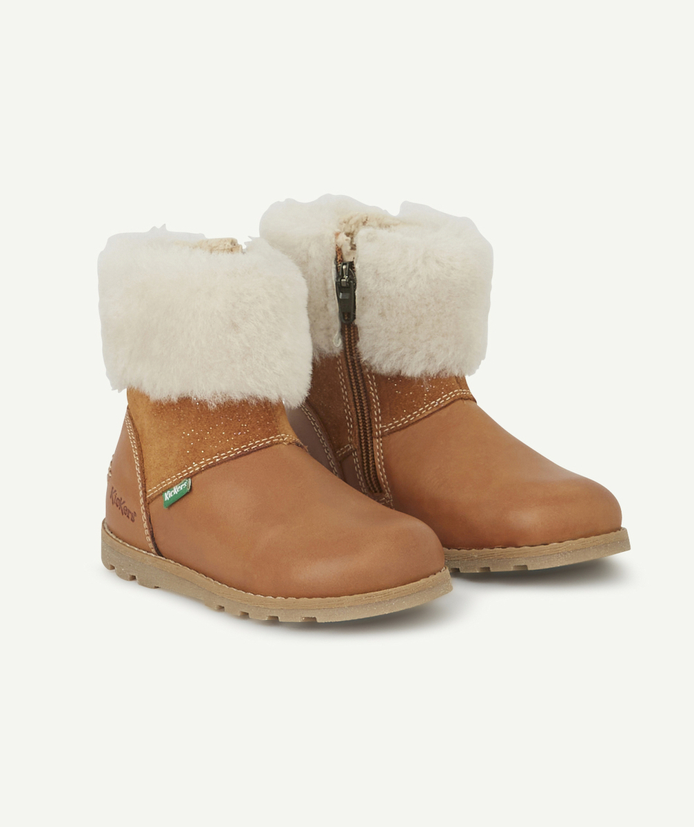 KICKERSBOTTINES BÉBÉ FILLE EN CUIR CAMEL BRILLANT ET FOURRURE