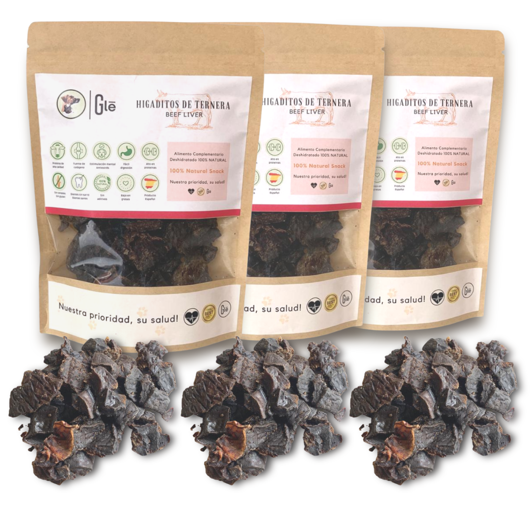 Fígados desidratados GLE PETS, petisco natural para cães.