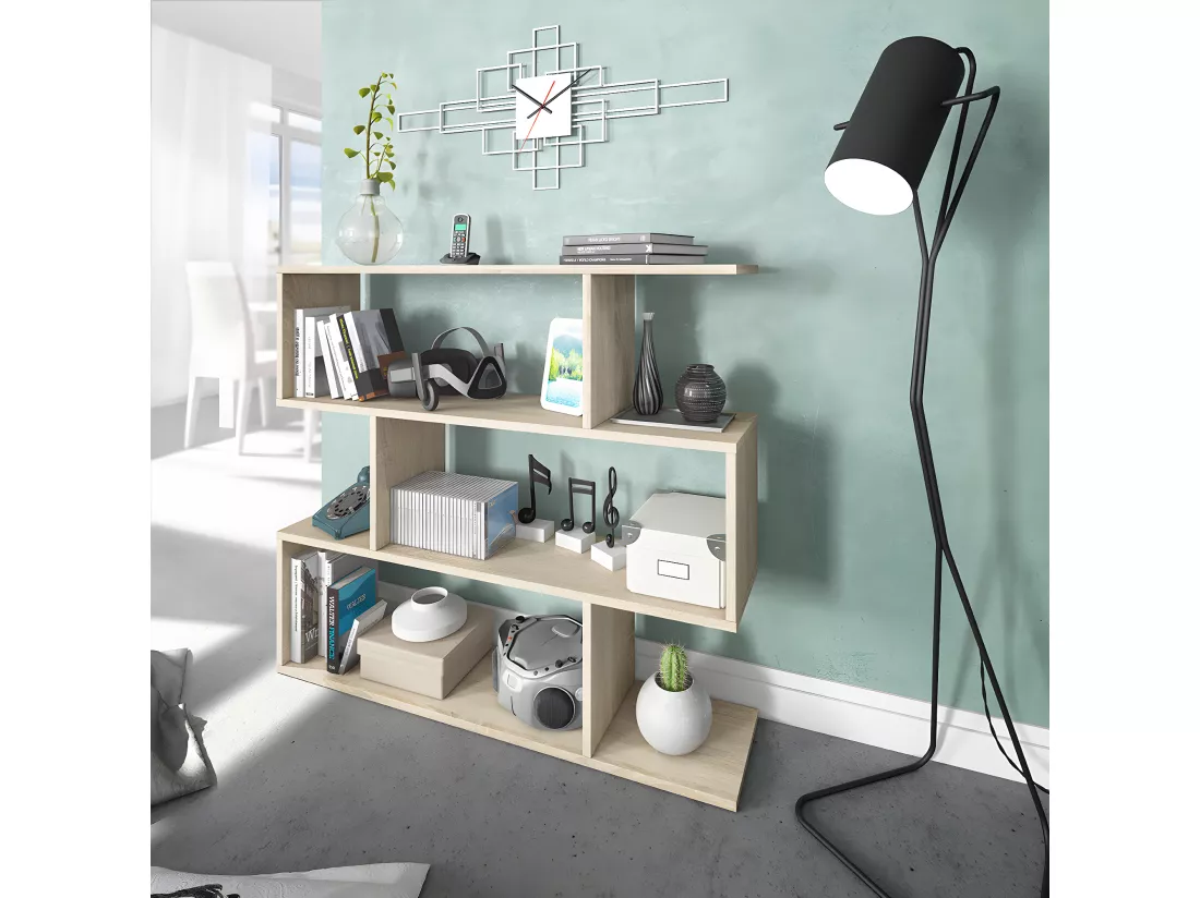 Bibliothèque, étagère basse 3 niveaux en bois mélaminé chêne - Longueur 110 x Profondeur 24 x Hauteur 97 cm