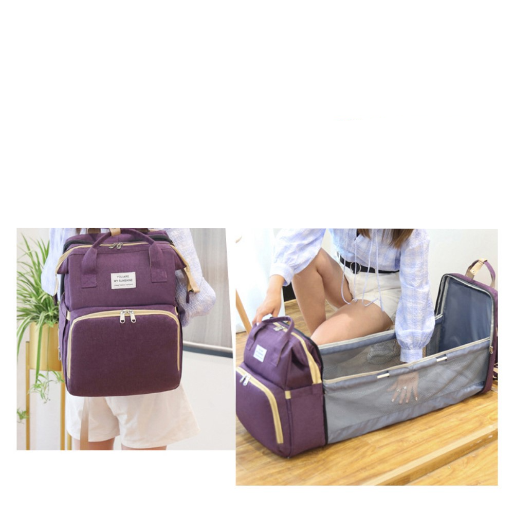 (47x36x12cm) 2in1 Baby Reise Rucksack Wickeltasche   Schlafbett - Grau / Beige