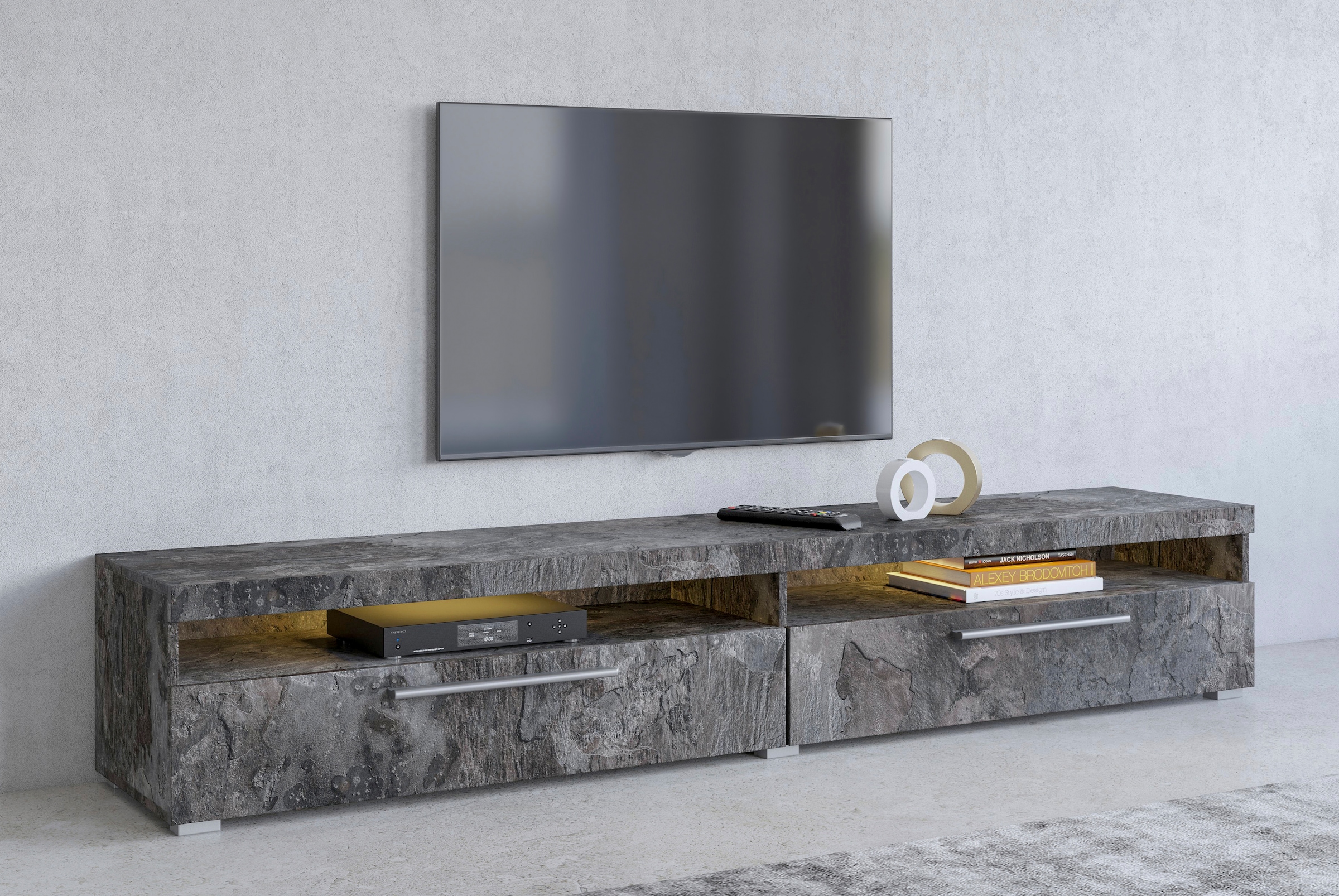 INOSIGN Lowboard »India,Breite 200 cm, stilvolle Fernsehschrank mit offenen Fächern« TV-Board ohne Beleuchtung, TV-Kommode mit viel Stauraum