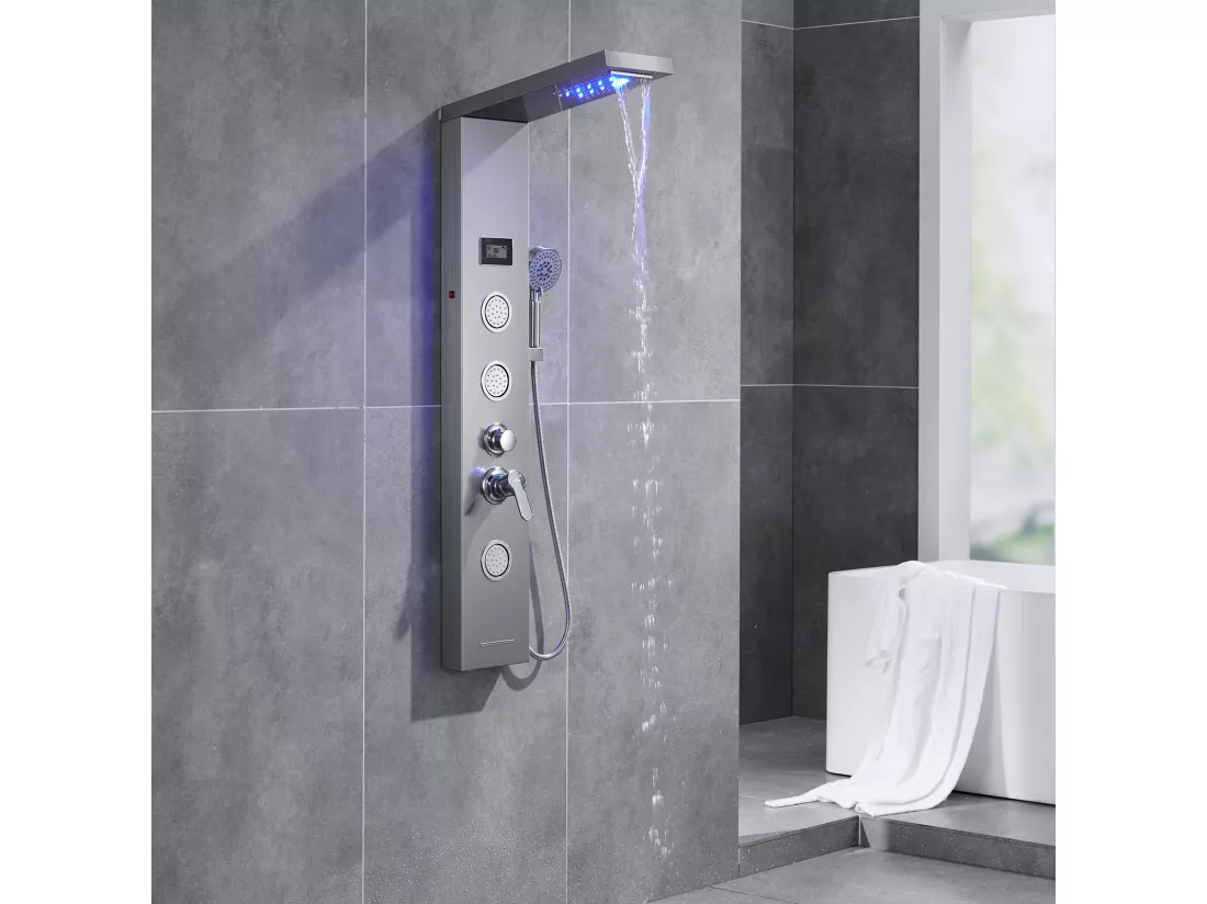 Panneau Douche AuraLum Max Colonne Douche Hydromassante LED Panneau de Douche en Acier Inox Brossé avec 3 Jets de Massage pour Salle bain,EU Modèle