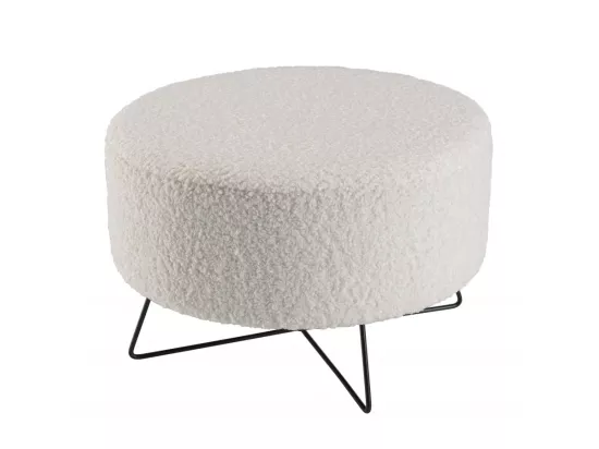 ALBANE - Pouf rond tissu bouclette blanc pieds croisés métal noir