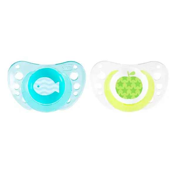 Chicco Physio Forma Air Silicone 6-16m Lot de 2 + Boite de Stérilisation Poisson Pomme