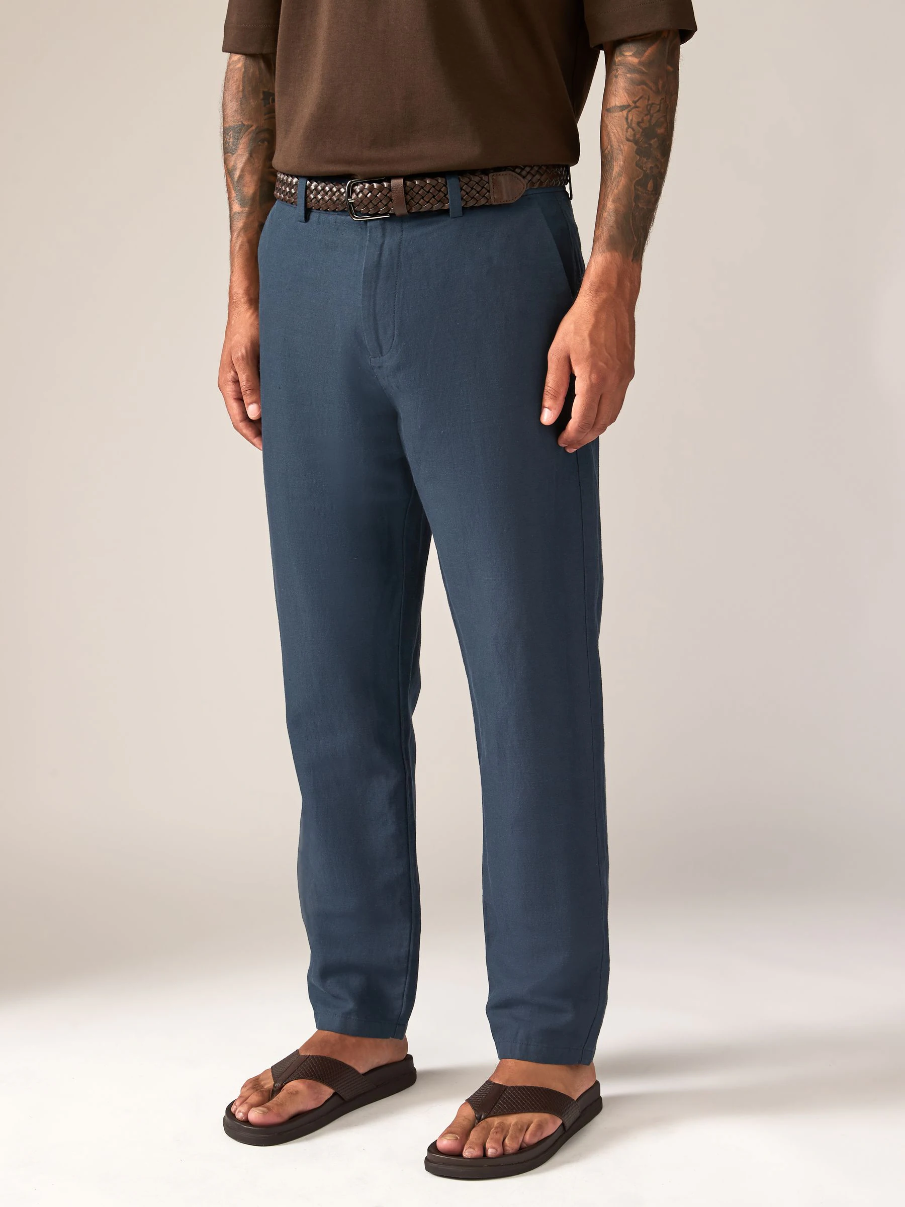 Donkerblauw - Regular fit linnen-katoenmix broek met ceintuur