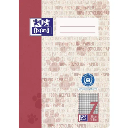 Oxford Recycling Schulheft A5, 16 Blatt, Lineatur 7 (kariert 7 mm), 90 g/m², Optik Paper®