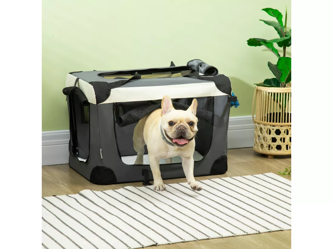Sac de transport pour chien et chat pliable - poignée, 3 entrées zippées, poche - coussin amovible inclus - acier oxford polyester gris noir