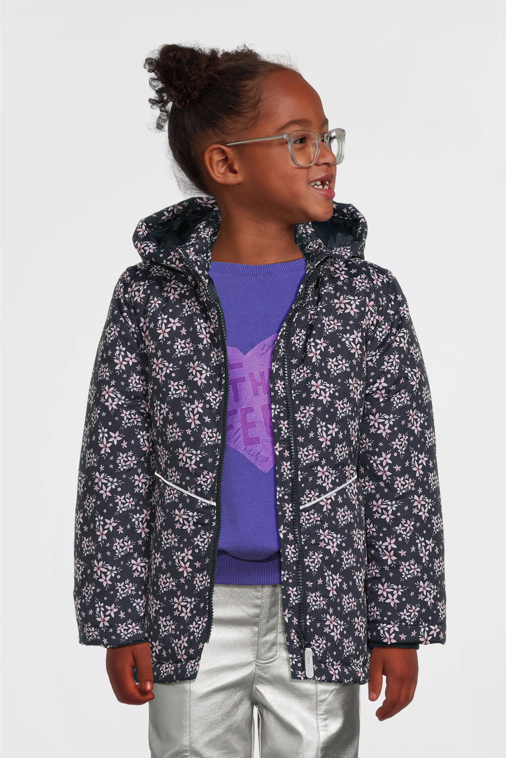 NAME IT winterjas NKFMAXI met all over print donkerblauw/roze