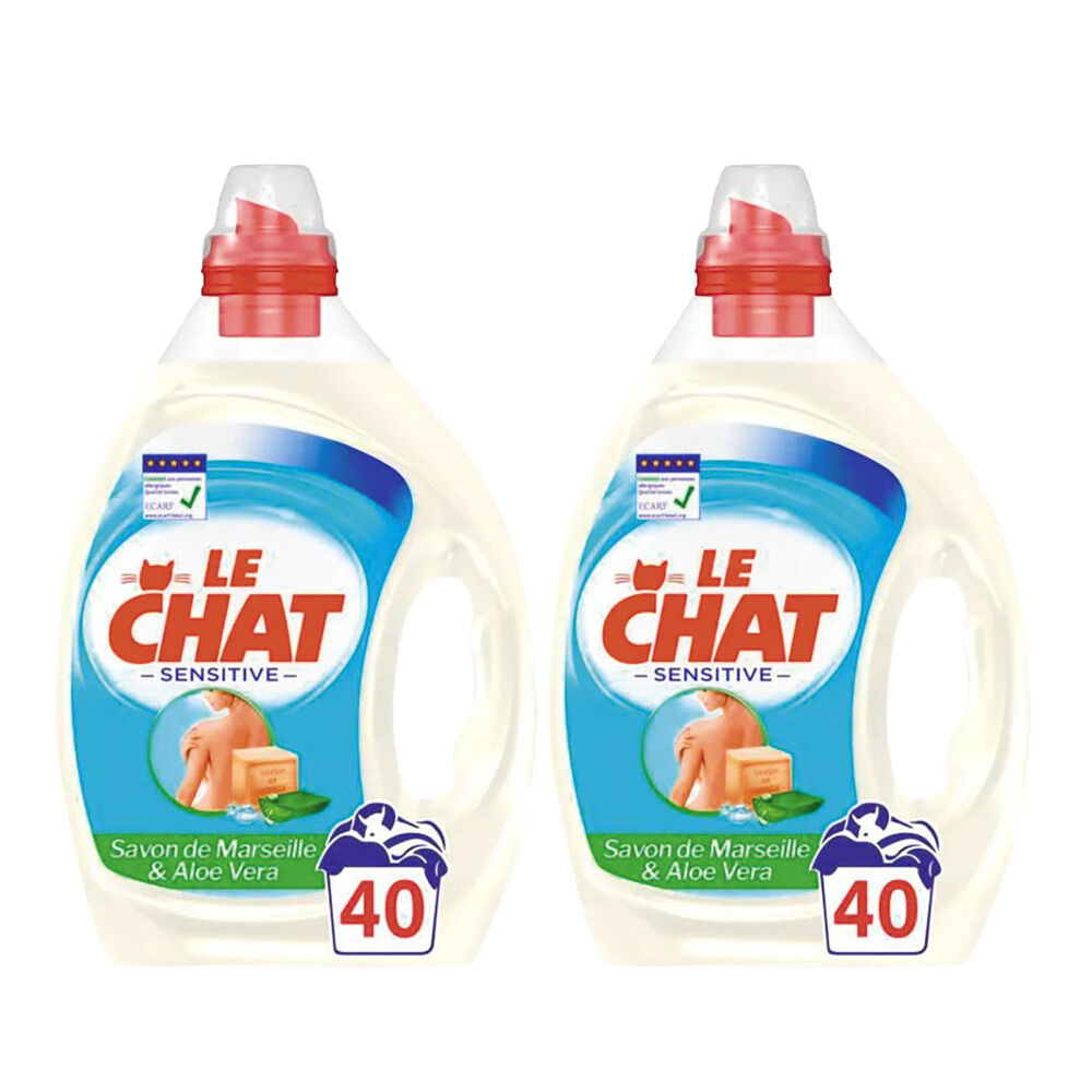 Lessive liquide Le Chat peau sensible savon de Marseille 80 lavages 2 x 2L