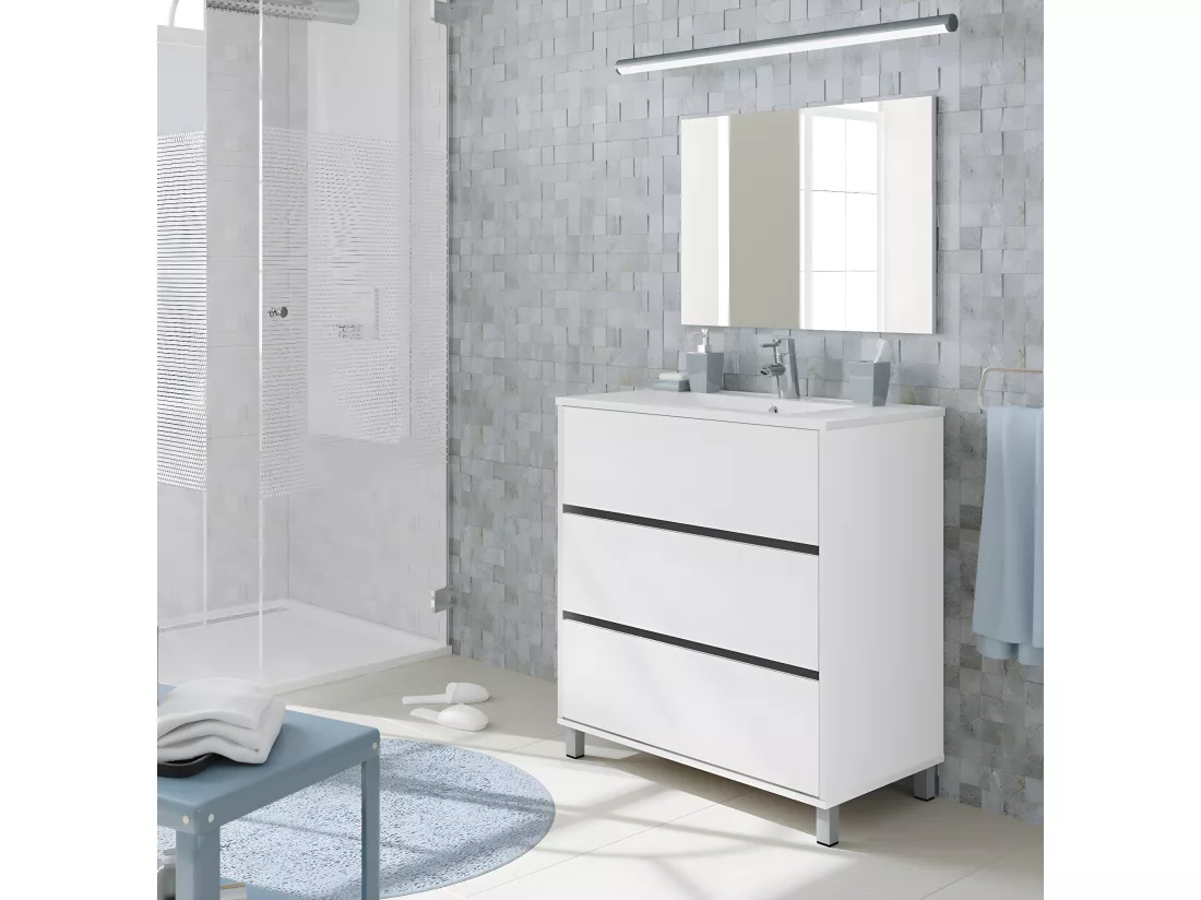 Meuble Vasque avec miroir coloris blanc brillant - Hauteur 90 x Longueur 81.5 x Profondeur 46.5 cm