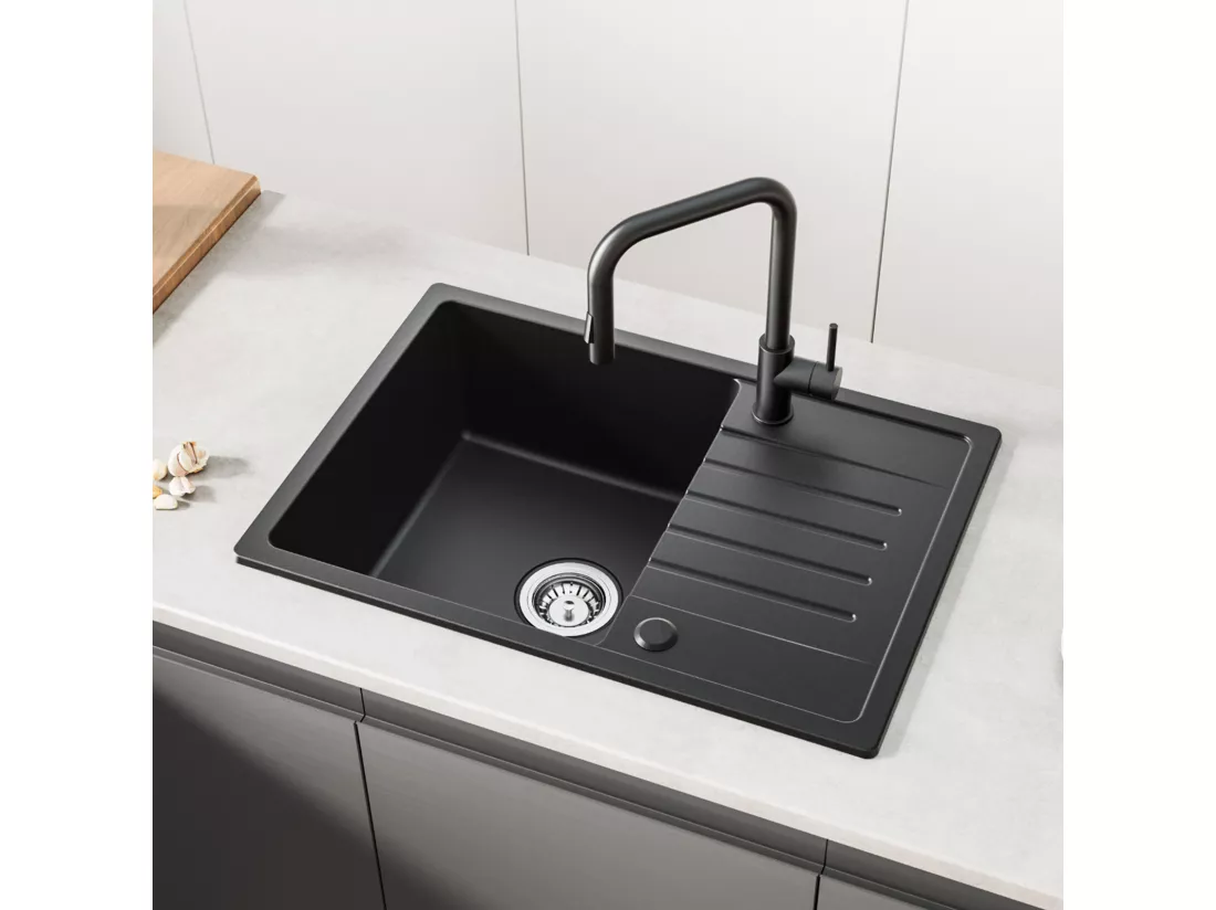 Noir Evier à Encastrer 1 Bac avec Egouttoir, Quartz et Résine, 65x45cm + Mitigeur Cuisine Avec Douchette Extractible
