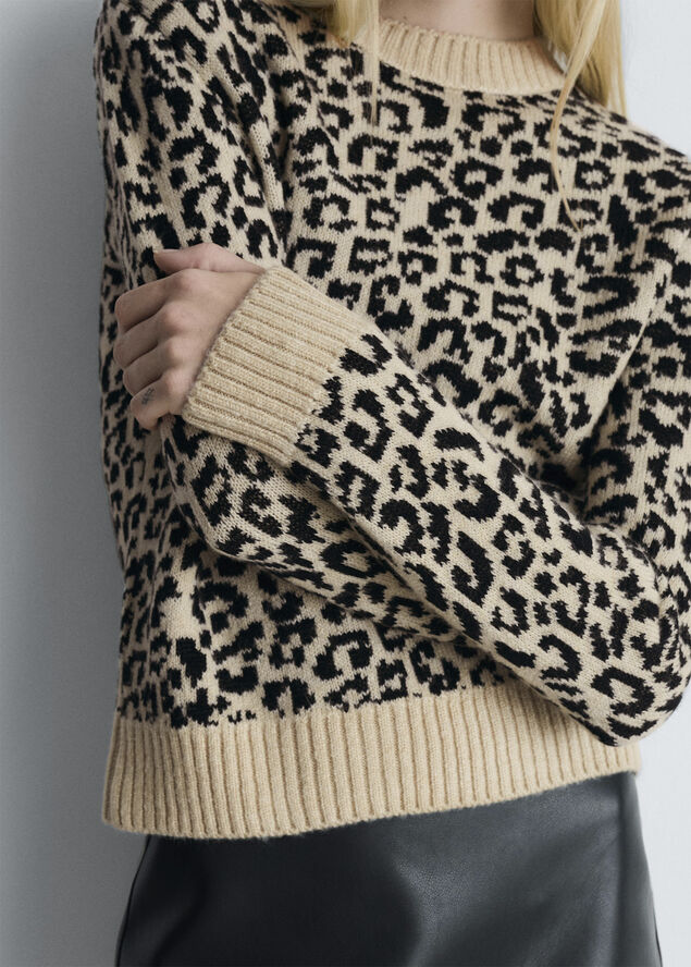 MANGO Leopard jumper with contrasting tri Light beige