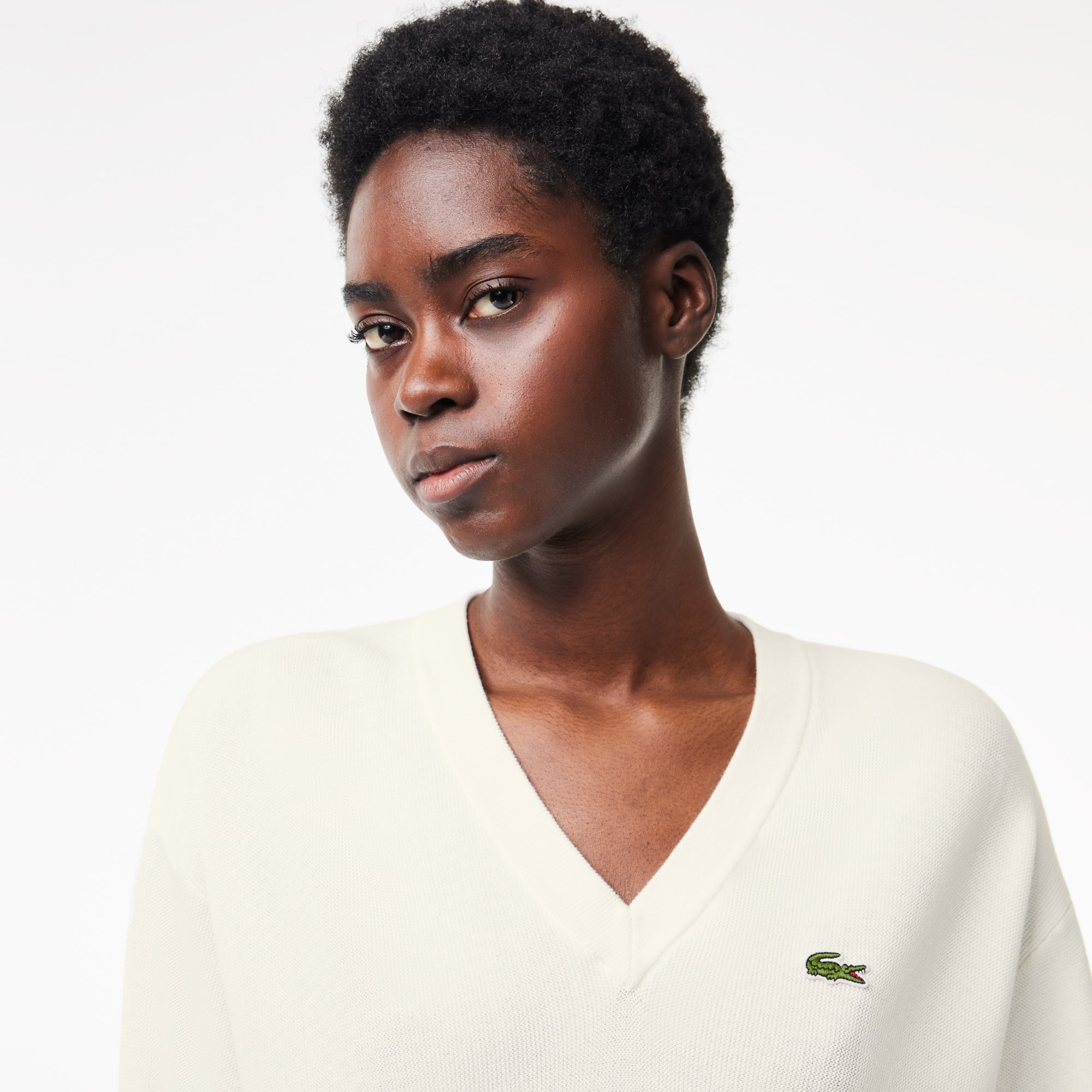 Pull col V femme Lacoste en coton biologique Pullovers - Blanc - Lacoste - Femme