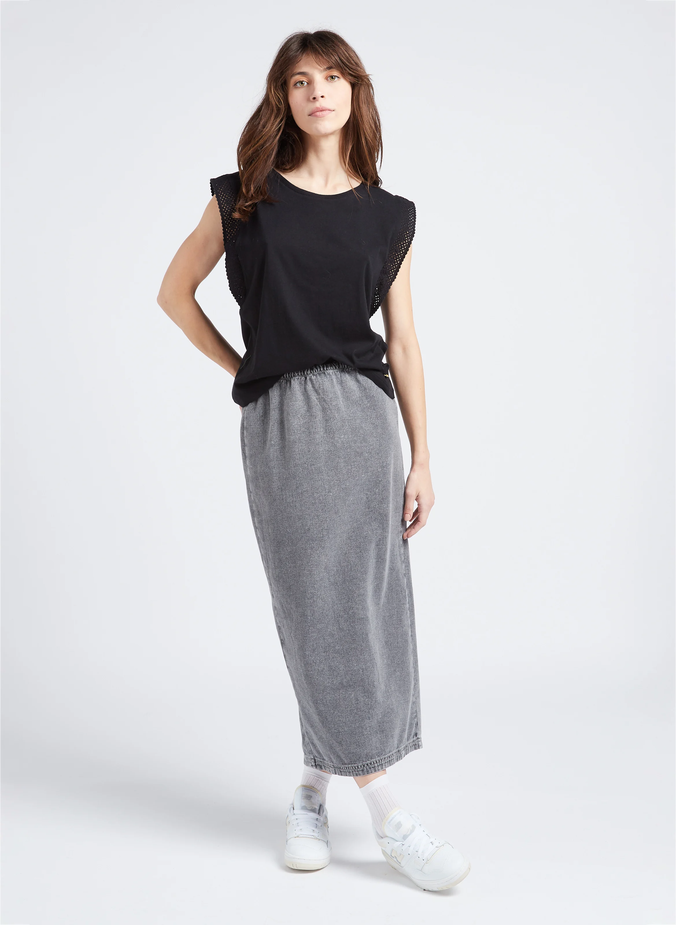 JAZY - Jupe midi droite en coton | Gris