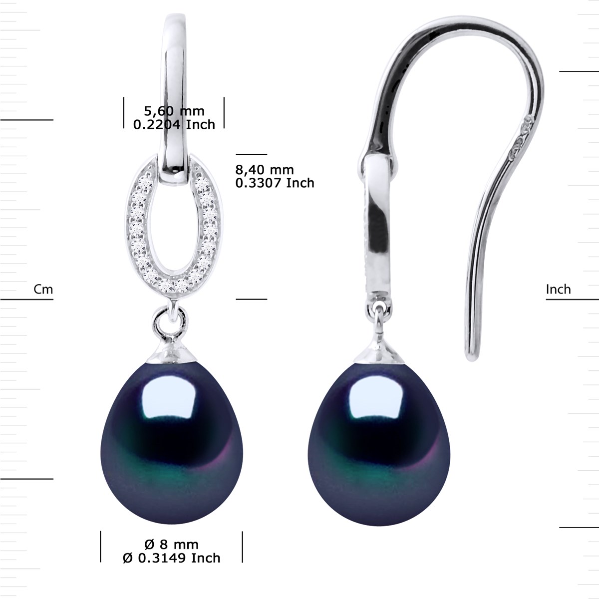 Crochets d'Oreilles Perles d'Eau Douce Poires 8-9 mm Noires Joaillerie Argent 925