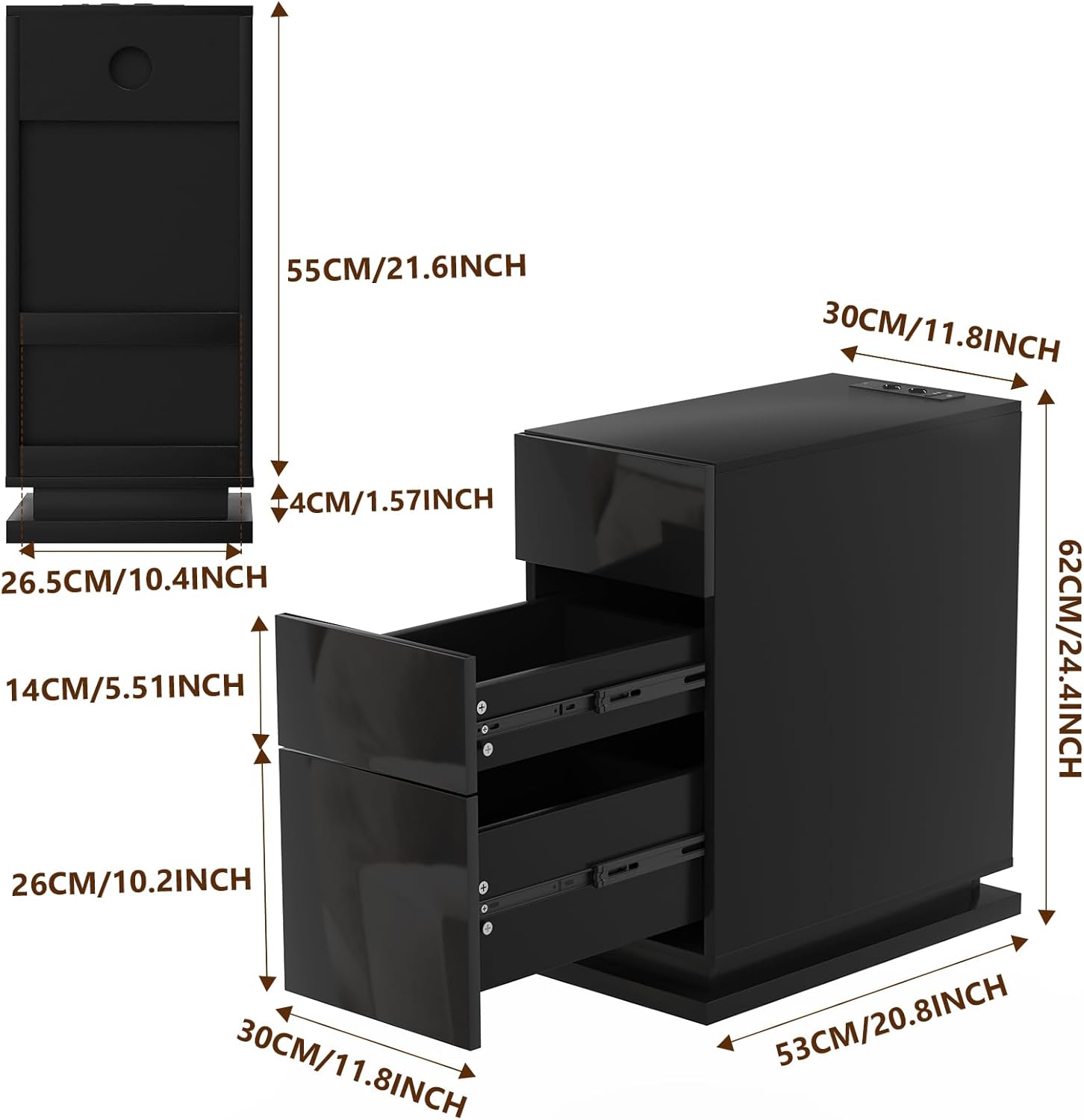 Nachttisch Schmal mit LED, Schwarz Nachtschrank mit Steckdose und USB-Anschlüsse, Nachttisch mit 16 Einstellbar LED, Nachttische Hochglanz Front, Schmaler Nachttisch 50x30x63cm