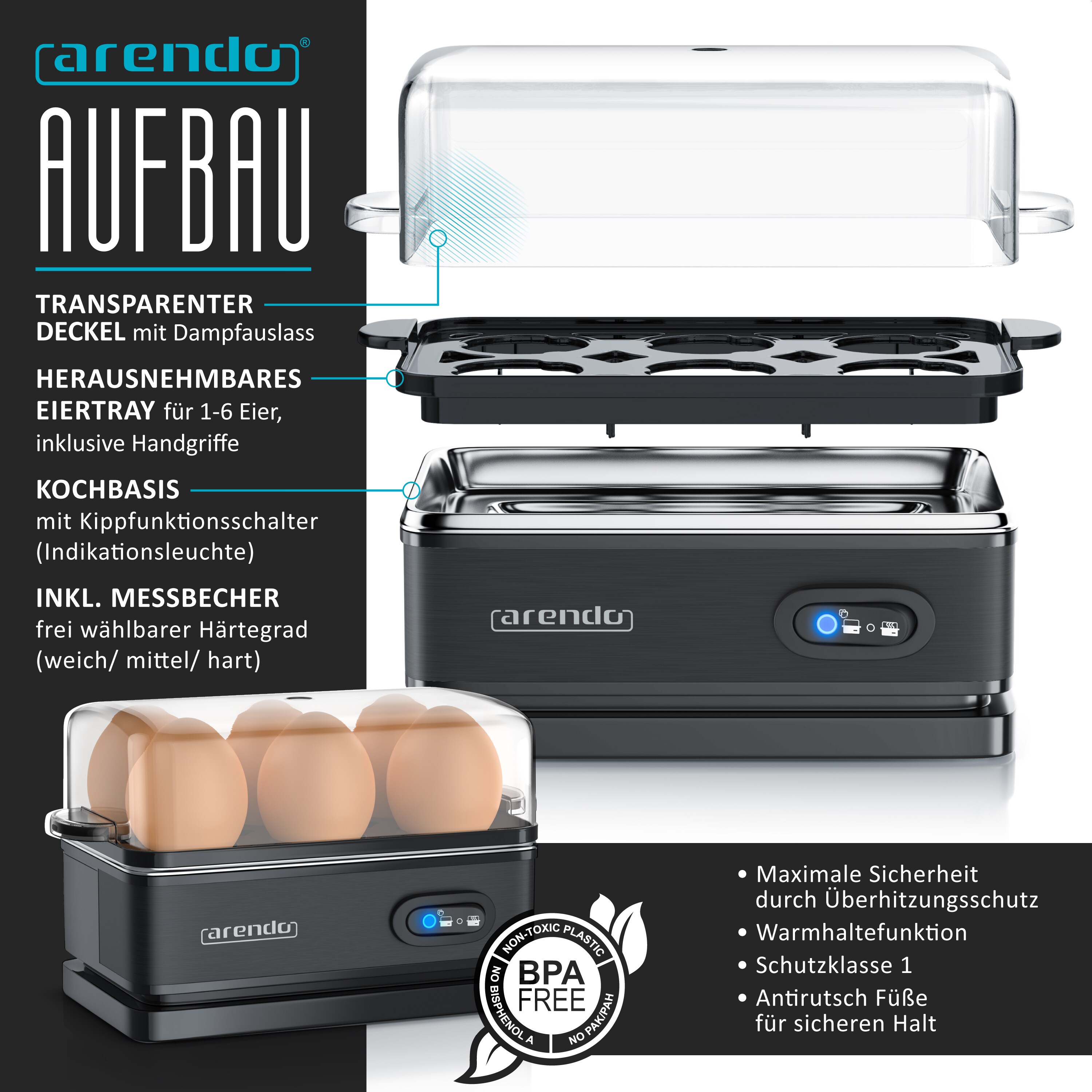 Arendo - Set Toaster MANHA mit Eierkocher SIXCOOK Edelstahl Schwarz, Toaster 4 Scheiben, LED-Display, 6 Bräunungsgrade, Brötchenhalter - Eierkocher