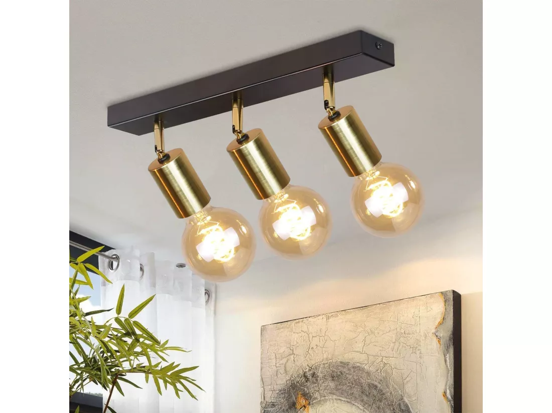 NETTLIFE Plafonnier 3 Spots Pivotant en Métal Barres de Max.25w E27 Lampe de Cuisine Industrielle Vintage Noir Or Rétro Moderne pour Cuisine Couloir