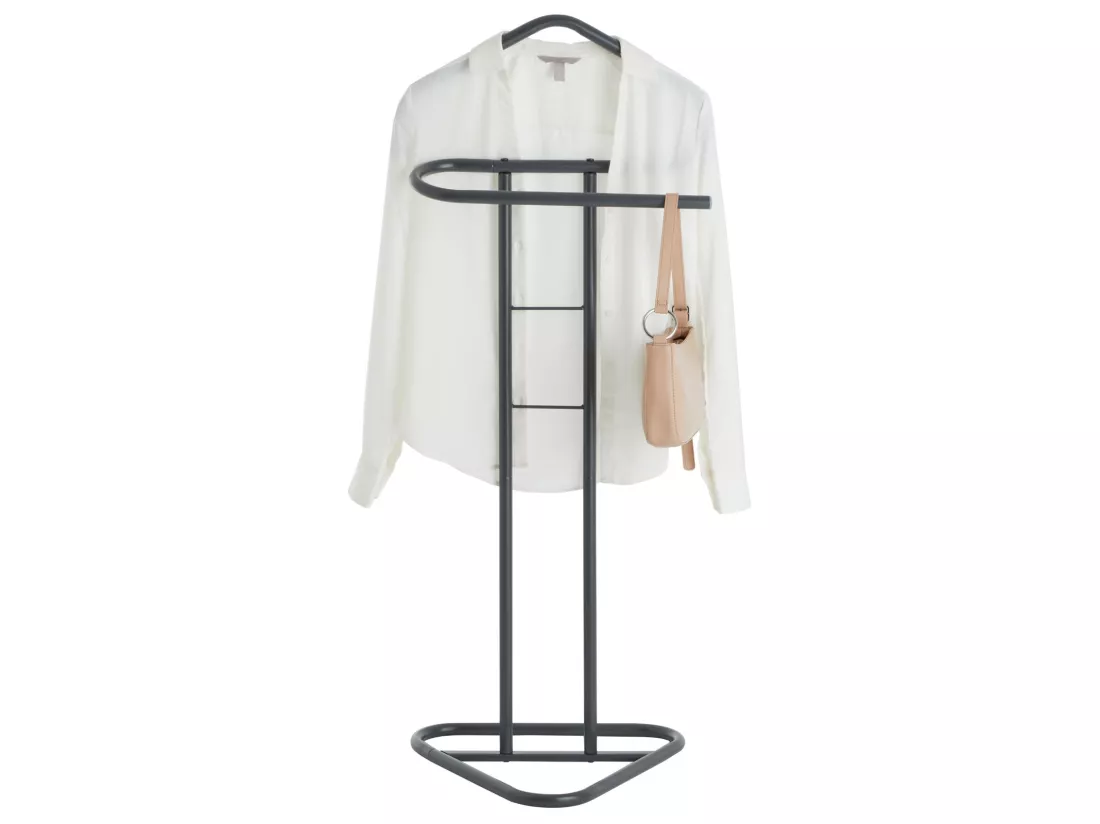 Valet de chambre valet de nuit CAMILO chevalet de nuit avec cintre pour veste et portant pour pantalons, en métal laqué gris
