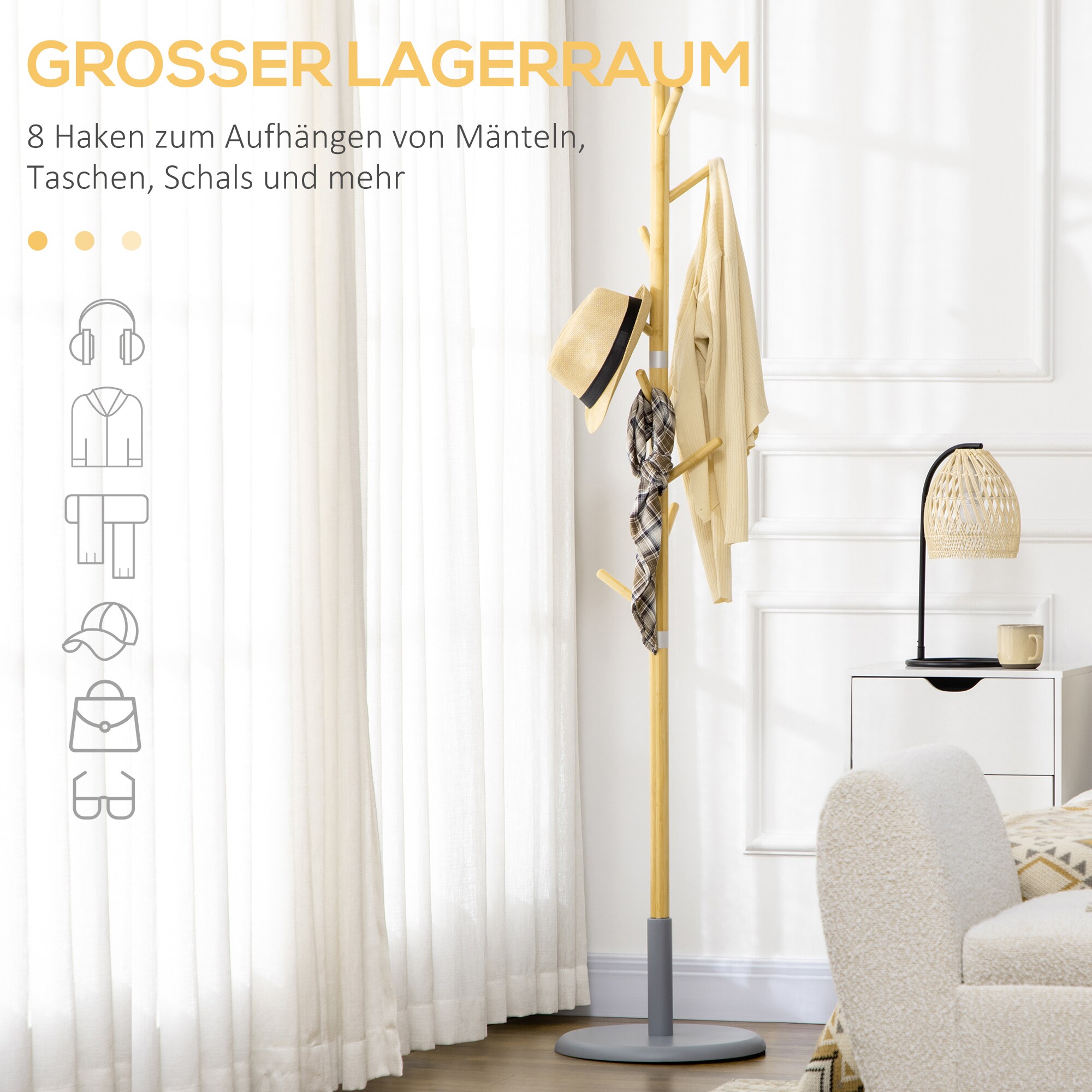 HOMCOM Garderobenständer mit lackierter Oberfläche natur, grau 37,8L x 37,8B x 175,6H cm