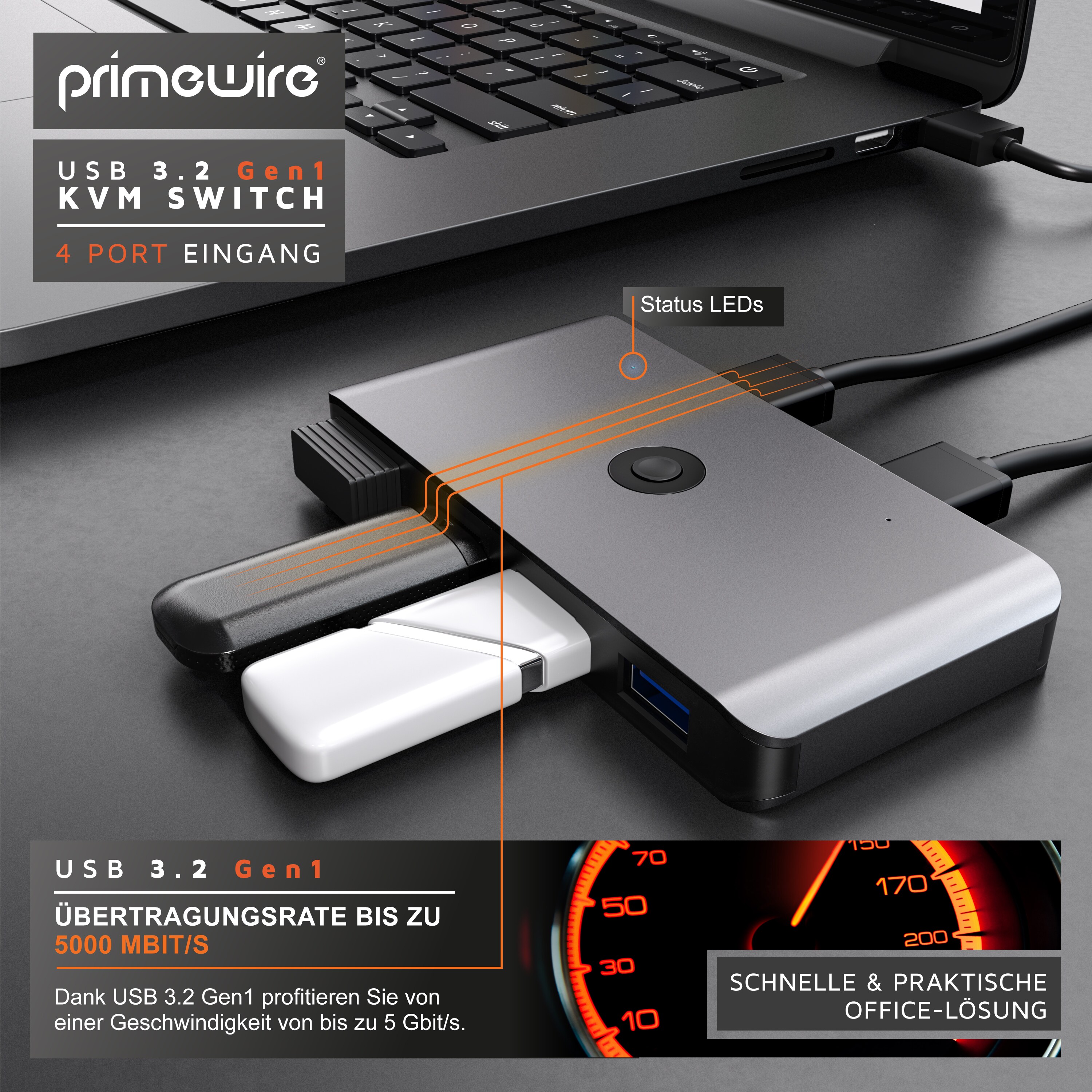Primewire USB 3.2 Gen1 KVM Switch Umschalter - 4 Port Eingang - 2 Port Ausgang für 2 PCs - 5 Gbit/s - inkl. 2x USB Kabel - für Drucker Scanner