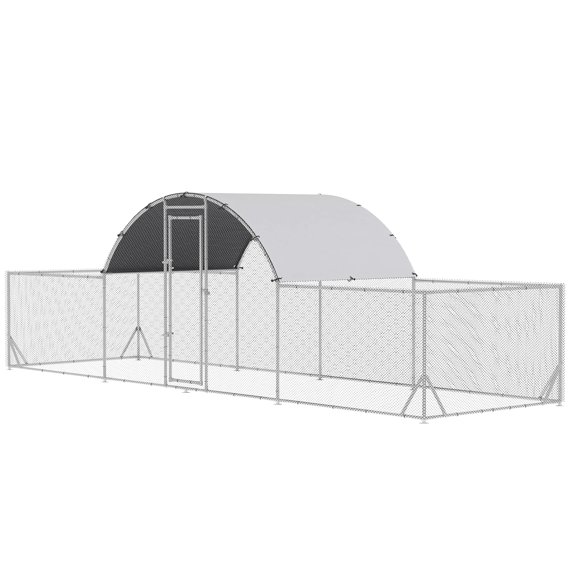 Galinheiro externo PawHut em aço galvanizado, 6,6 x 1,9 x 1,95 m, para 12 a 14 galinhas, com 3 níveis, cobertura de tecido e área cercada para coelhos e pássaros, cor prata.
