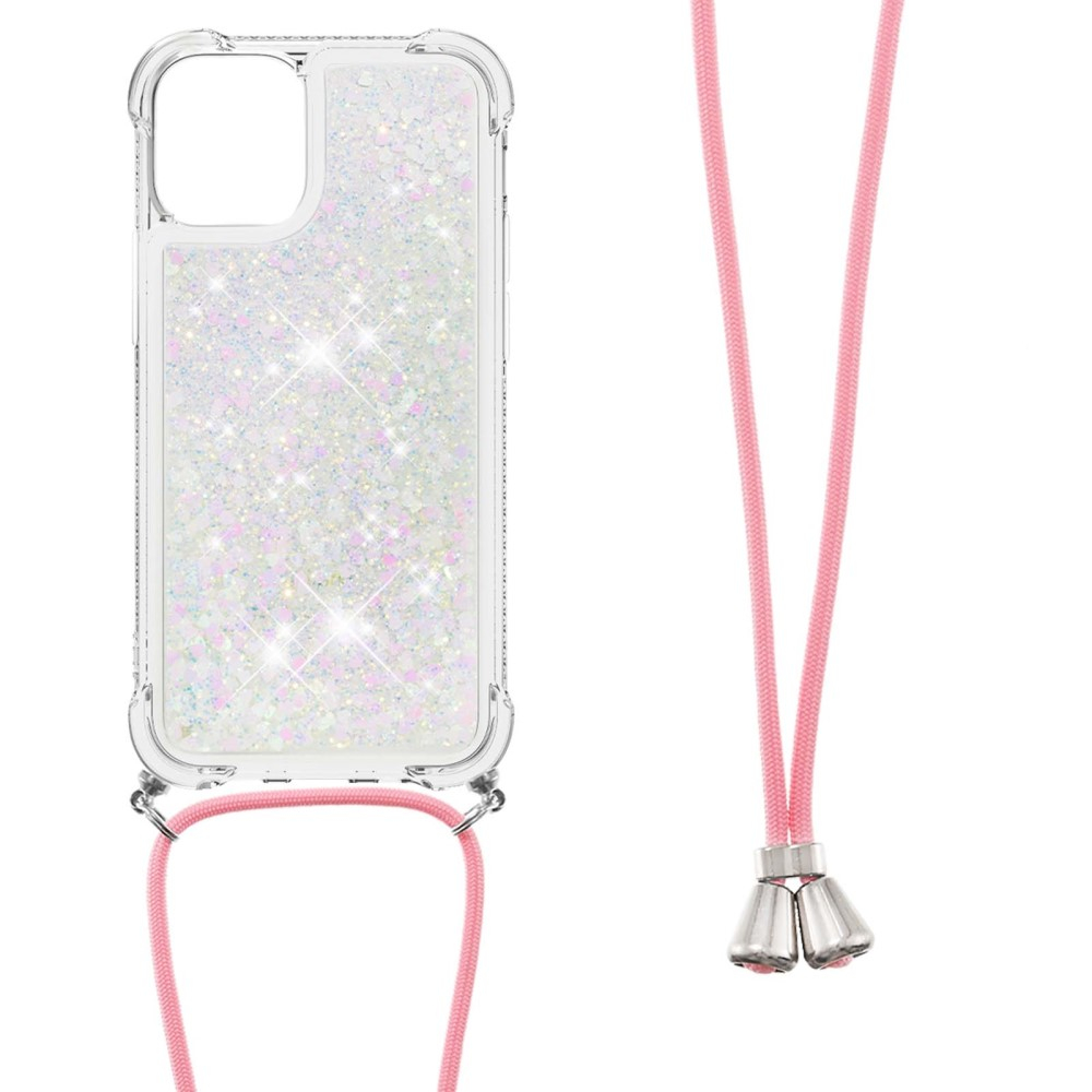 iPhone 13 Necklace Gummi Hülle Liquid Glitzer   Handykette (130cm) - Rosa / Silber