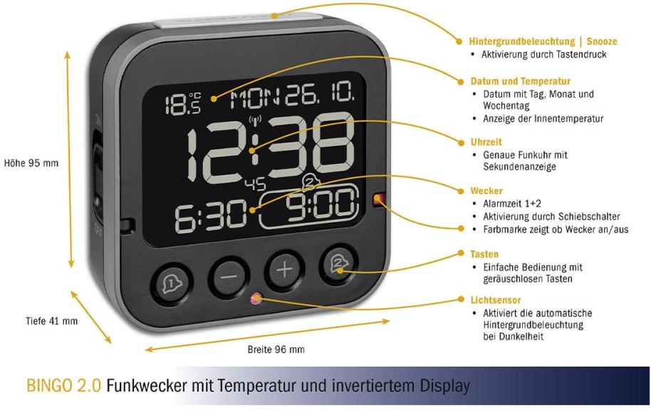 Funkwecker Bingo SchwarzDigitalwecker mit geräuschlosen Tasten