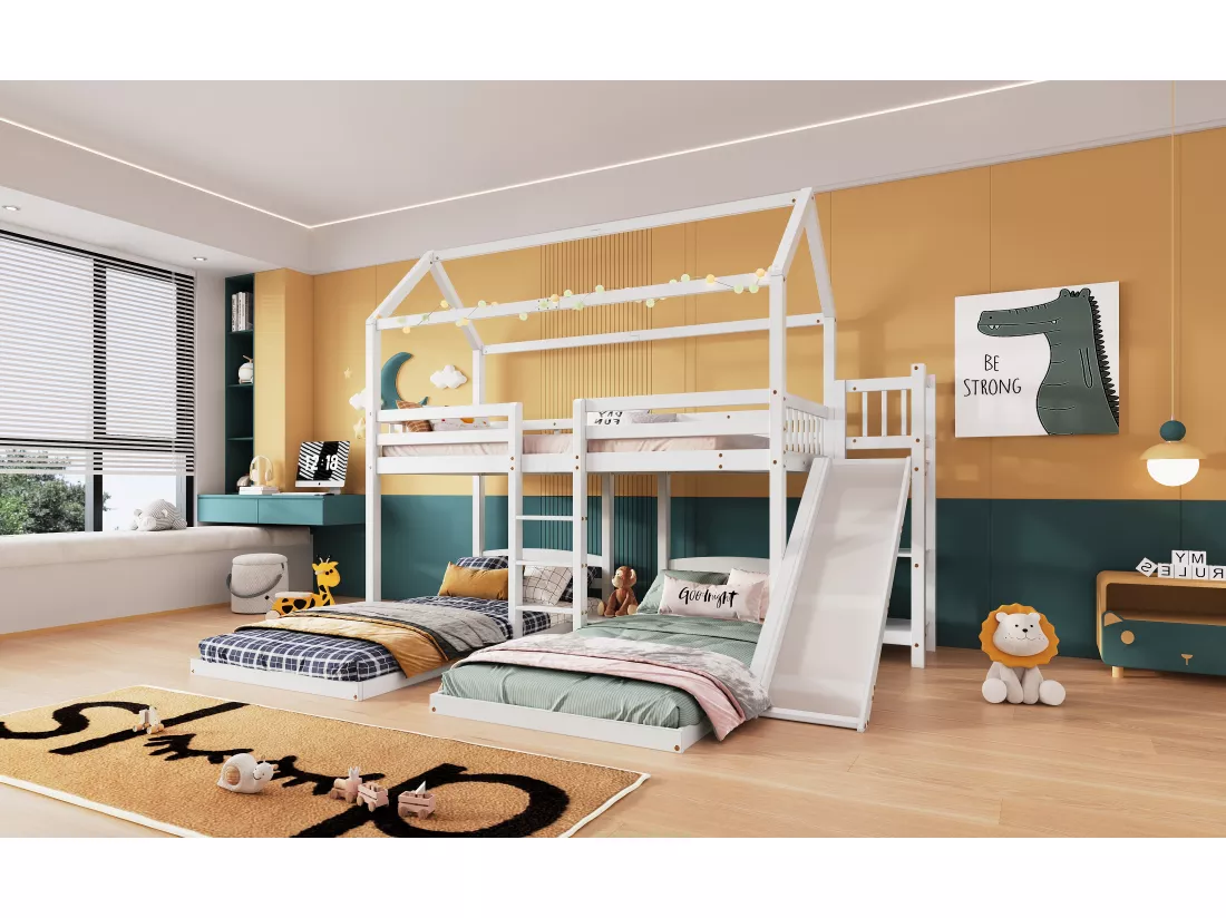 Lits superposés triples 3 x 90 x 200 cm avec toboggan et étagères - sommier à lattes seul au dessus - pin + MDF - blanc (sans matelas)