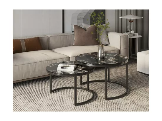 Table basse collection NAZARI. Meuble type CONTEMPORAIN. Pierre aspect marbre noir.