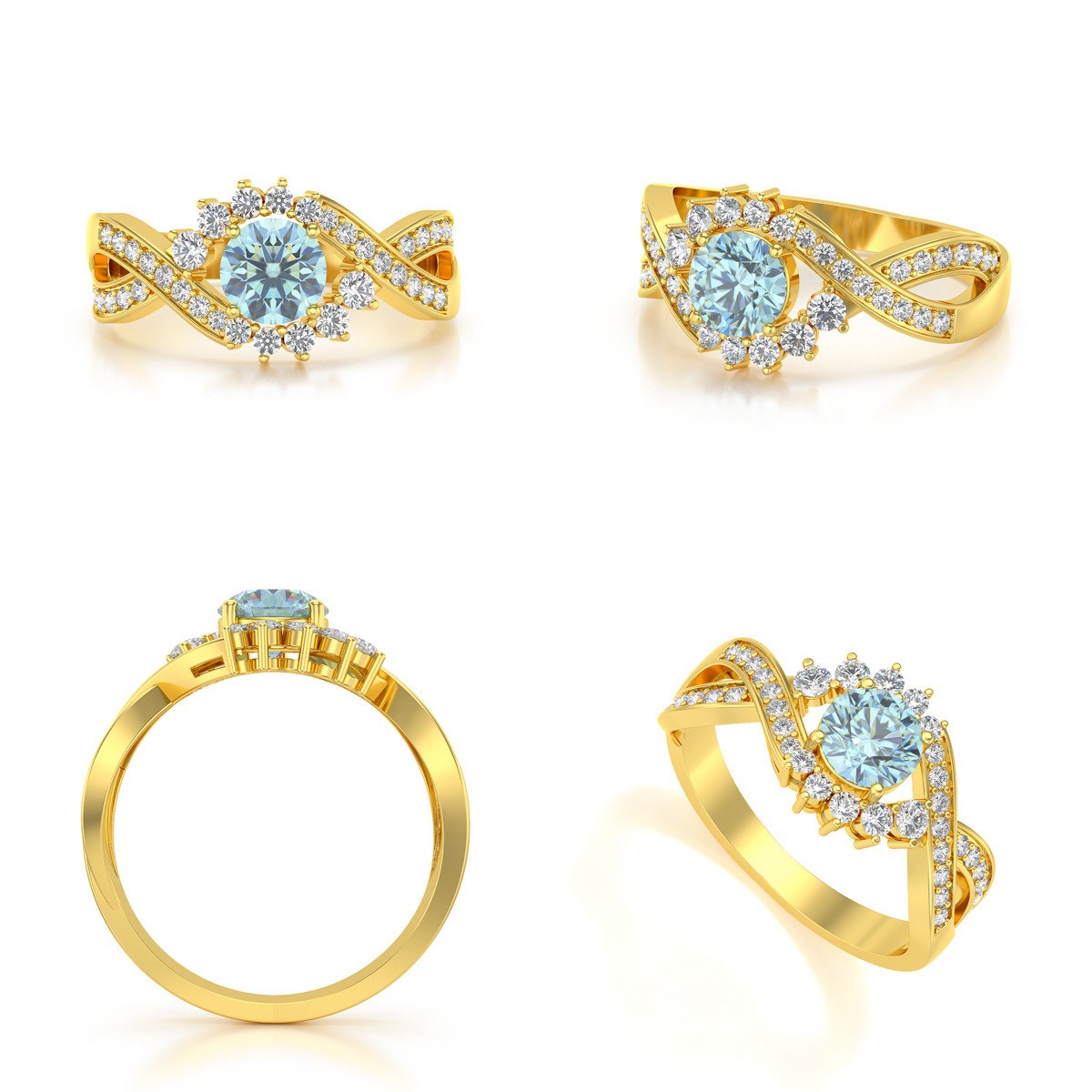Bague ADEN Or 585 Jaune Aigue-Marine et diamants 3.2grs
