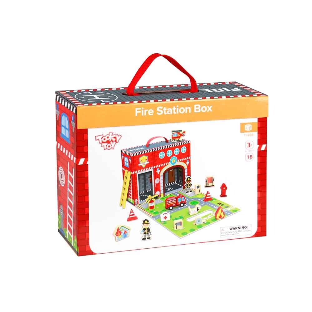 Tooky Toy Holzspielzeug tragbare Feuerwache TY203, Parkfläche Landeplatz Zubehör rot