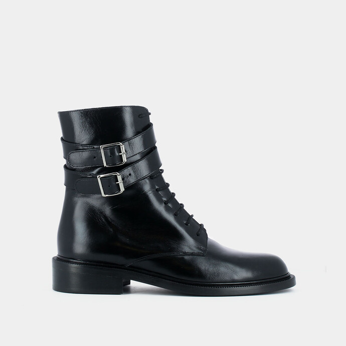 Bottines à boucles et à lacets  en cuir noir