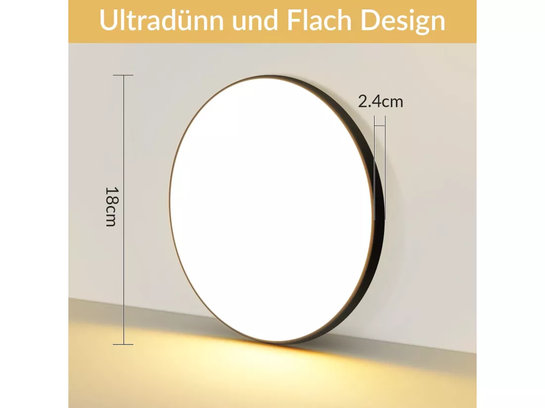NETTLIFE Plafonnier LED plat noir 18cm 15W rond petite LED blanc chaud intégré en permanence 3000K