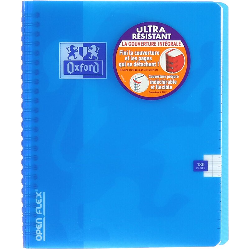 Cahier Oxford OpenFlex 17x22cm grands carreaux Seyès 180 pages reliure spirale couverture polypro coloris assortis