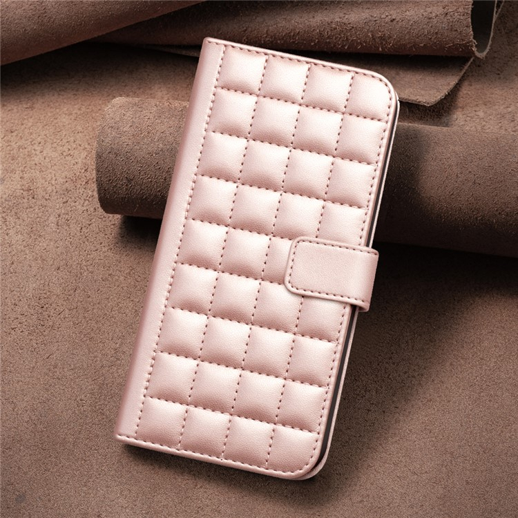 iPhone 16e Leder Tasche Flip Cover Kartenfächer Gittermuster   Handschlaufe - Roségold