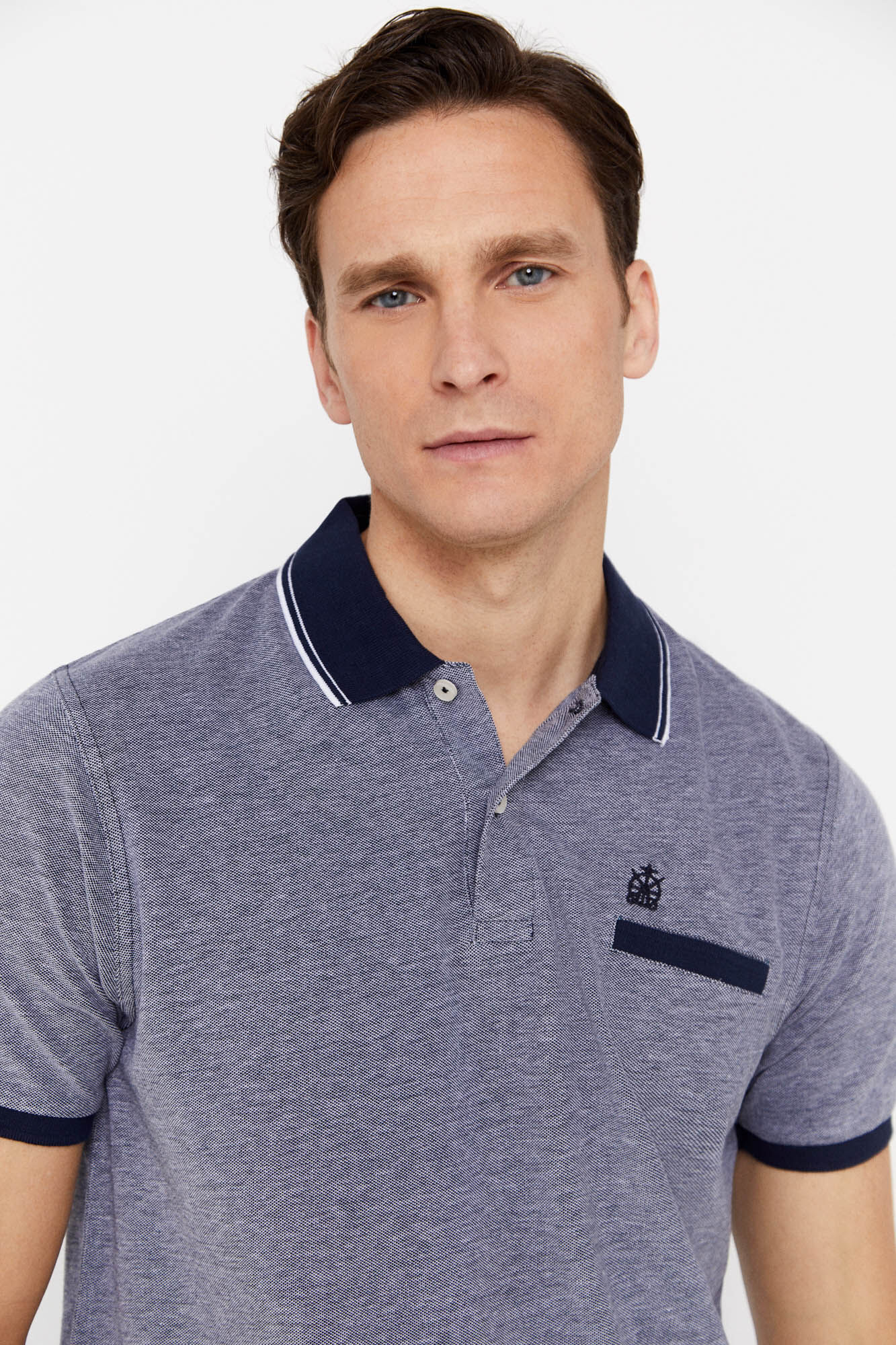Camisa polo Oxford com gola contrastante - Azul marinho
