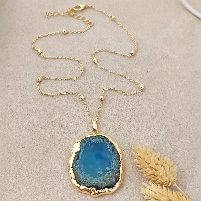 Collier - Laiton doré & agate - Bleu