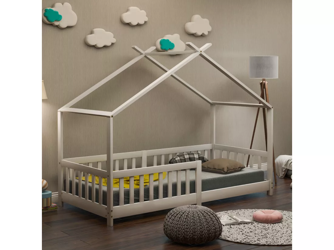 Lit cabane pour enfant, bois massif avec clôture et sommier à lattes, pour chambres d'enfants, blanc (200x90cm)