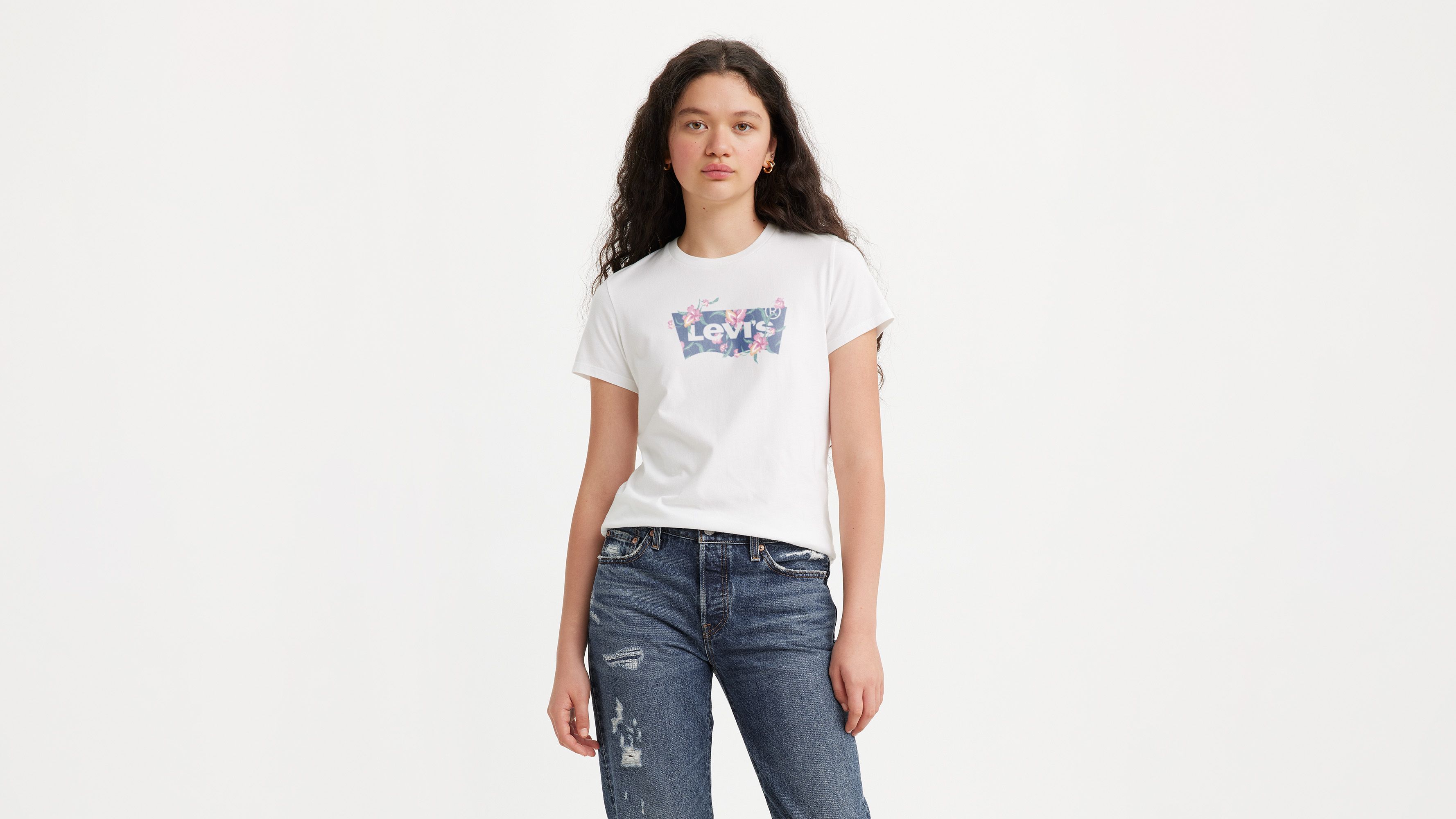T-shirt Perfect - Batwing Tropical Flower Fill Bright White - Blanc